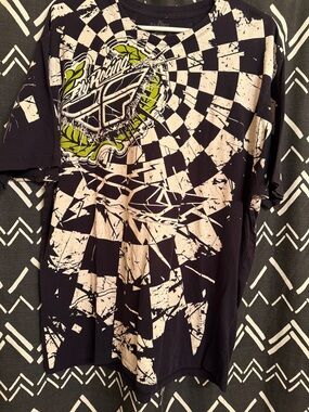 Men's Black Graphic Short Sleeve Tee with White Distressed Check Print